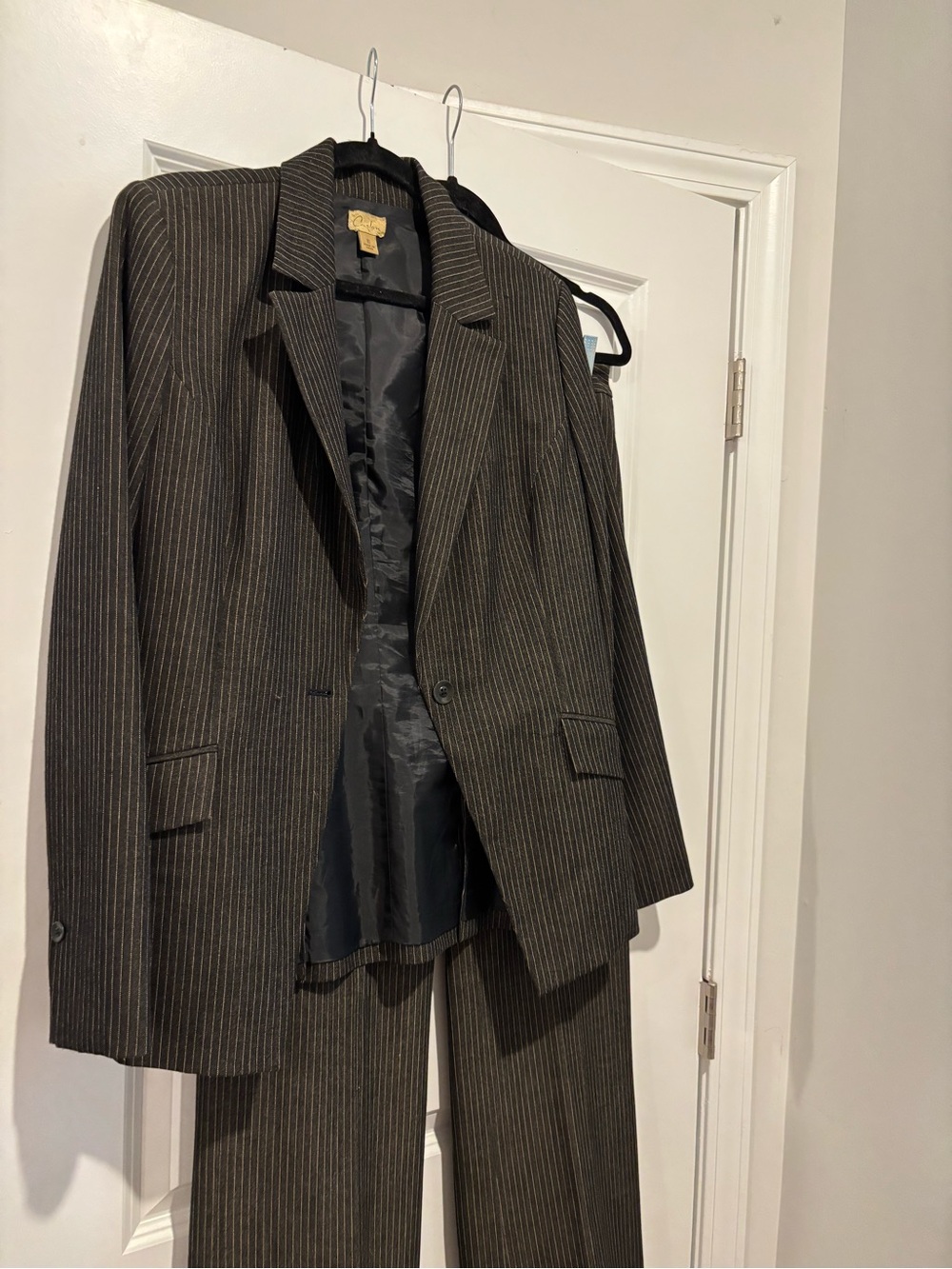 Caslon charcoal, gray with cream pinstripe suit